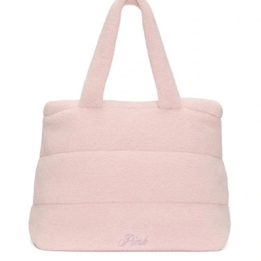 Victorias Secret PINK Sherpa Cozy Tote Bag Zipper Top Light Pink 17" X 13" NWT